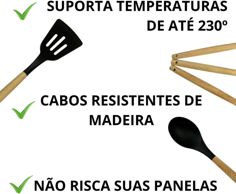 Kit 12 Utensílios De Cozinha Em Silicone E Cabo De Madeira Jogo De Utensílios Resistente ao Calor Antiaderente Premium GAXMARK (Preto)