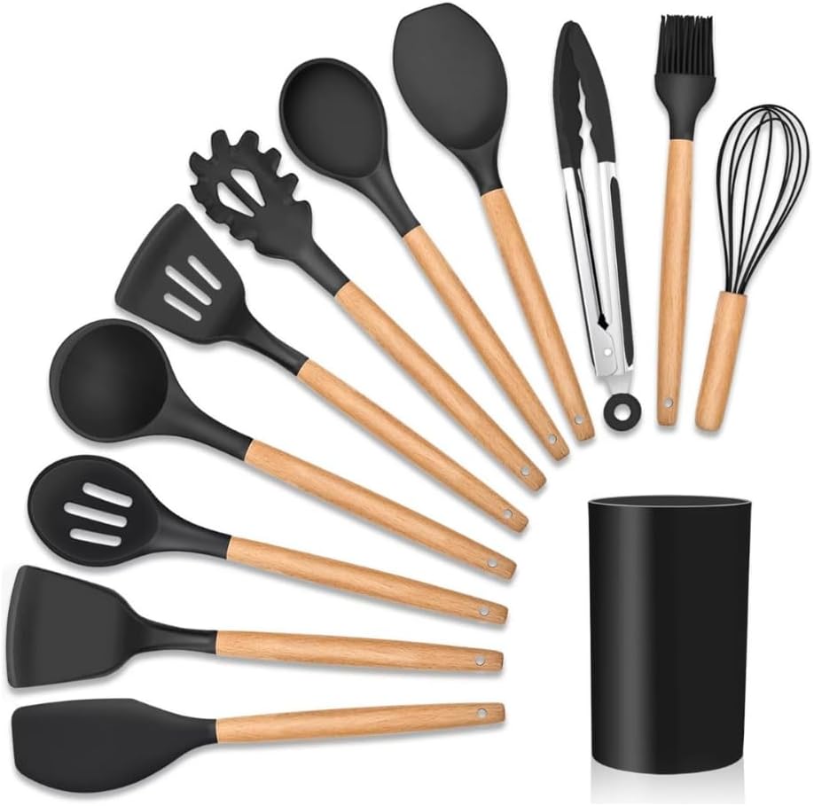 Kit 12 Utensílios De Cozinha Em Silicone E Cabo De Madeira Jogo De Utensílios Resistente ao Calor Antiaderente Premium GAXMARK (Preto)