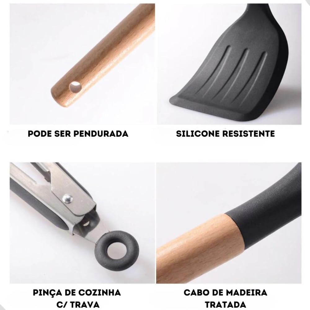 Kit 12 Utensílios De Cozinha Em Silicone E Cabo De Madeira Jogo De Utensílios Resistente ao Calor Antiaderente Premium GAXMARK (Preto)