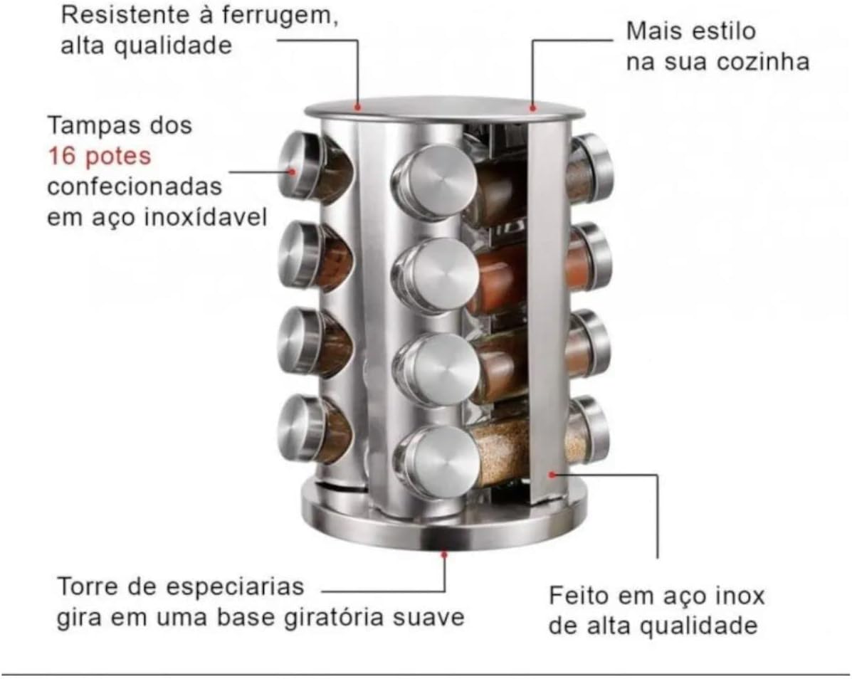 Porta Tempero Condimento Inox Vidro Giratorio Cozinha 16 Pts