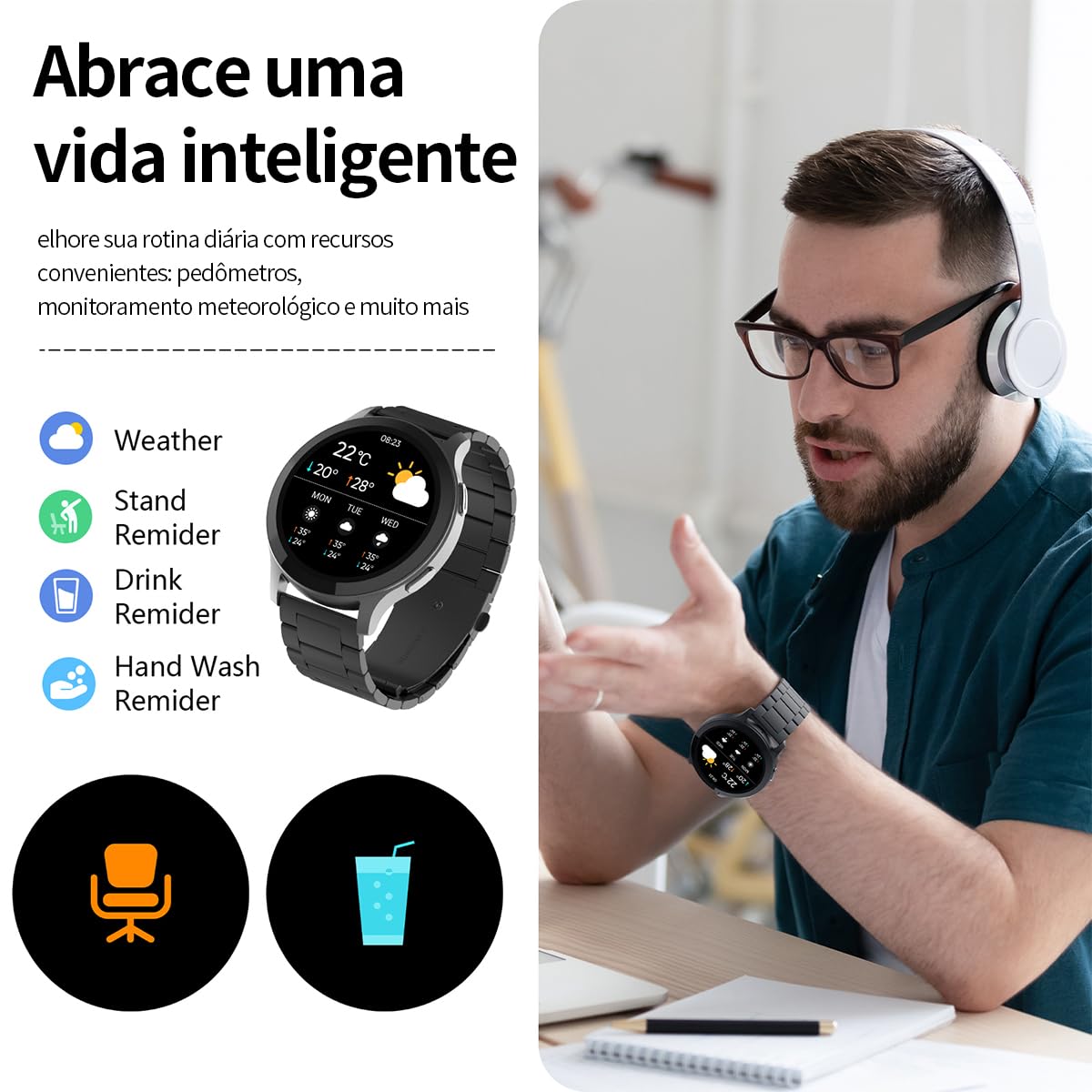 Smartwatch com Tela Full Touch 1.45", IP68, Compatível com iOS e Android, 120+ Modos Esportivos e Recebimento de Notificações, Faz e Recebe Ligações, Assistente de Voz, Unissex, 3 Pulseiras (Preto)