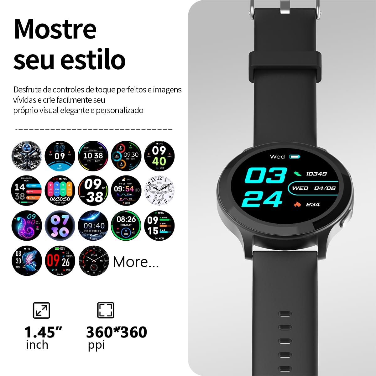 Smartwatch com Tela Full Touch 1.45", IP68, Compatível com iOS e Android, 120+ Modos Esportivos e Recebimento de Notificações, Faz e Recebe Ligações, Assistente de Voz, Unissex, 3 Pulseiras (Preto)