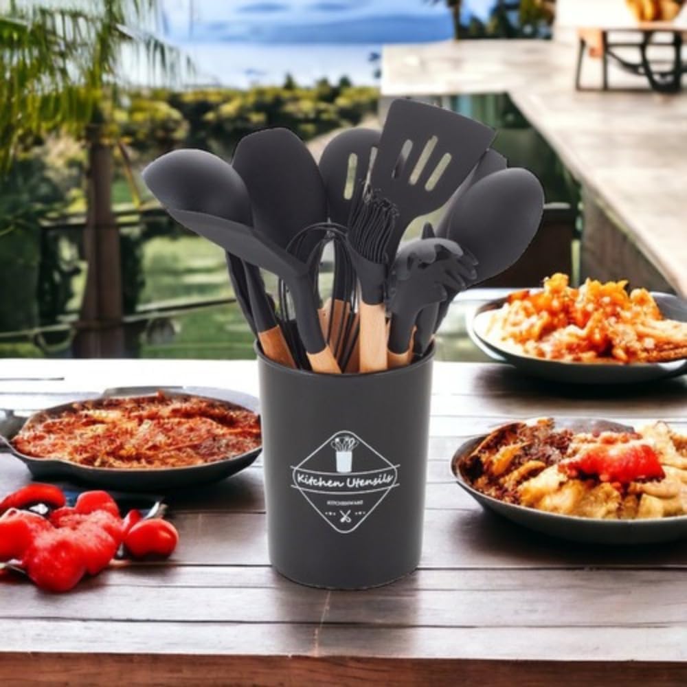 Kit 12 Utensílios De Cozinha Em Silicone E Cabo De Madeira Jogo De Utensílios Resistente ao Calor Antiaderente Premium GAXMARK (Preto)