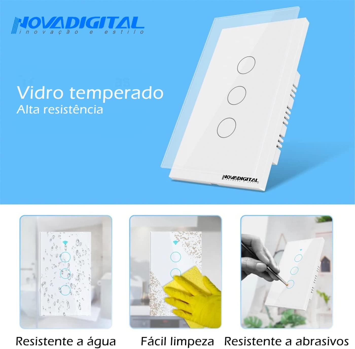 Interruptor Smart Wifi Inteligente Touch Nova Digital 3 botões Lite BR 4x2