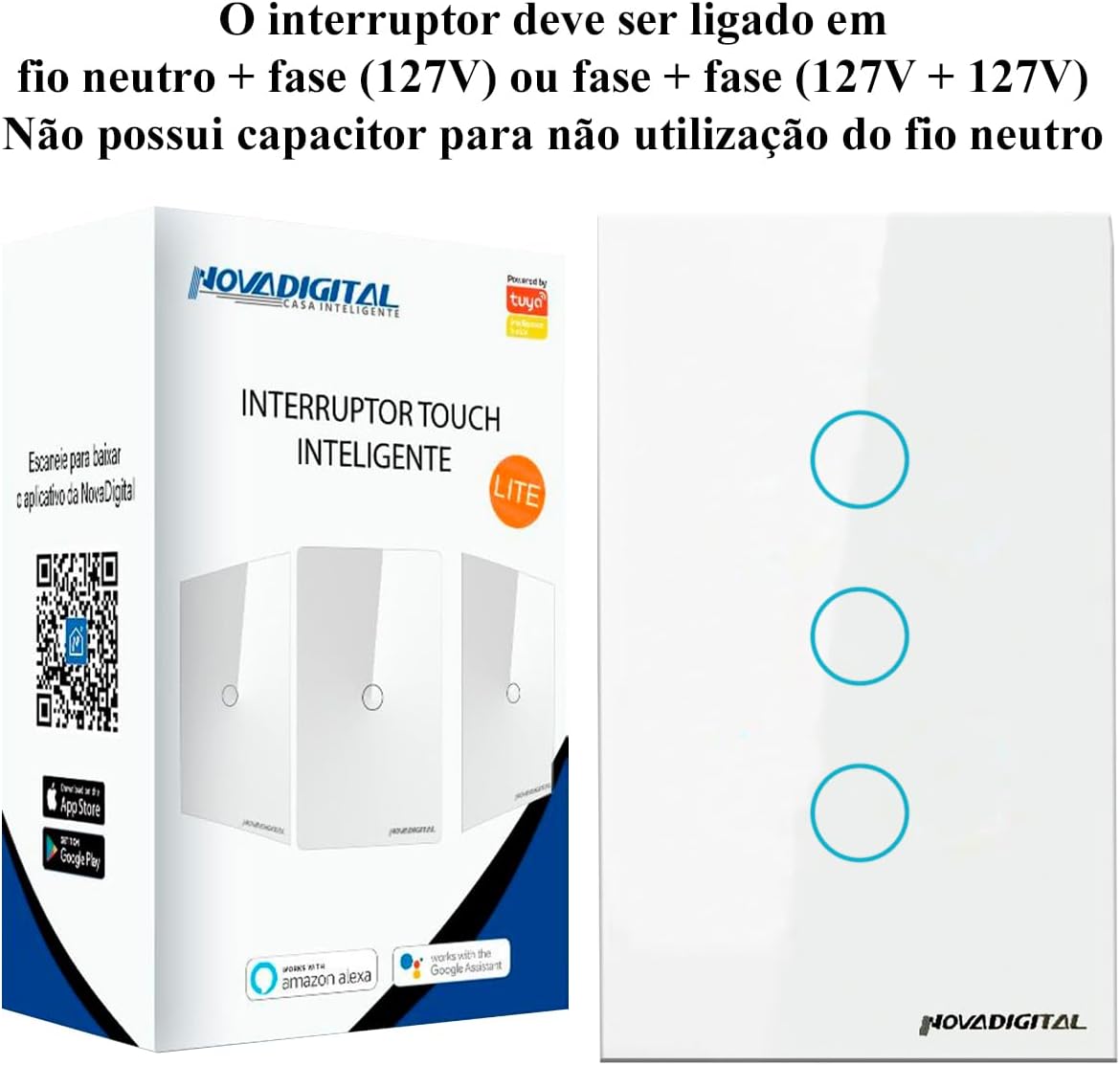 Interruptor Smart Wifi Inteligente Touch Nova Digital 3 botões Lite BR 4x2