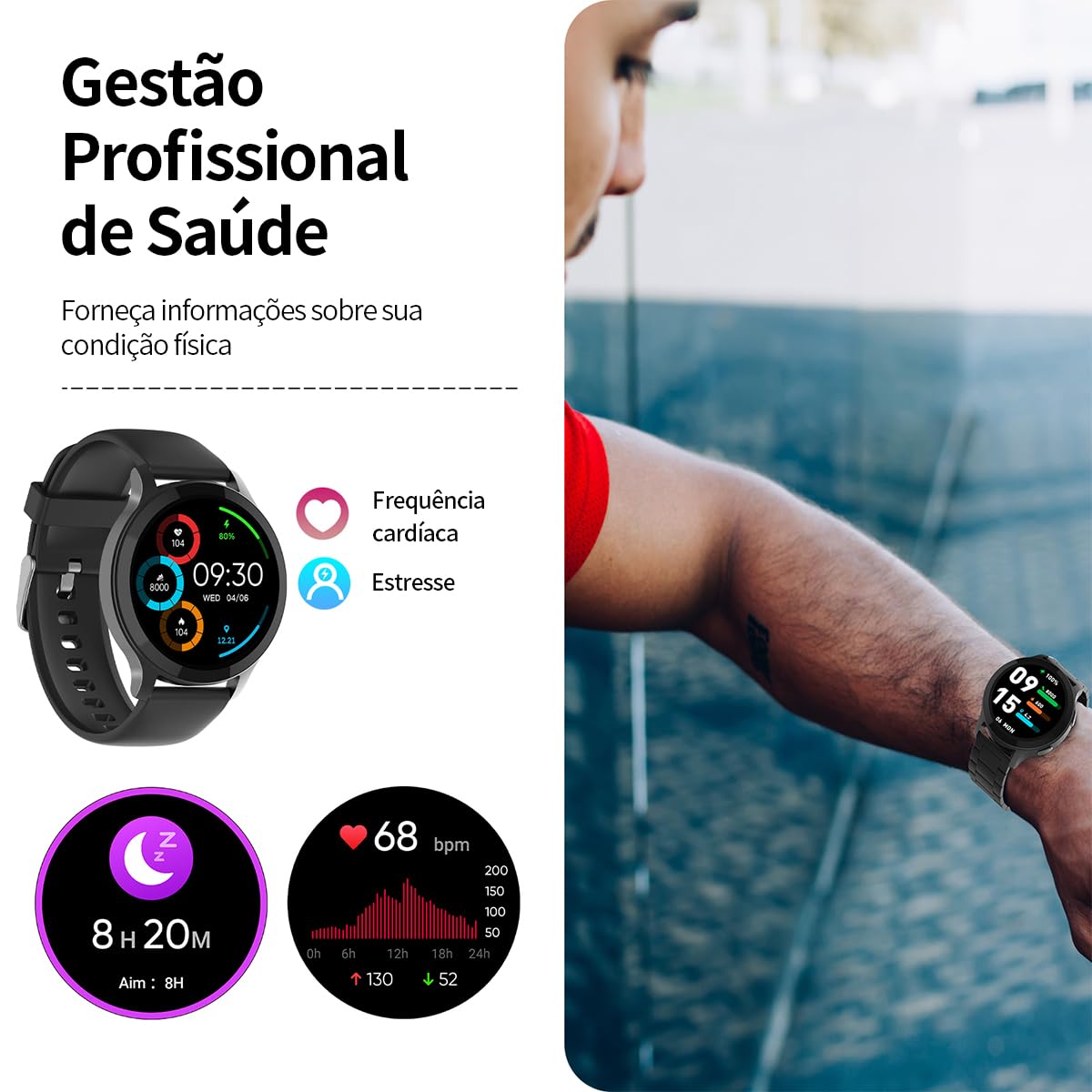 Smartwatch com Tela Full Touch 1.45", IP68, Compatível com iOS e Android, 120+ Modos Esportivos e Recebimento de Notificações, Faz e Recebe Ligações, Assistente de Voz, Unissex, 3 Pulseiras (Preto)