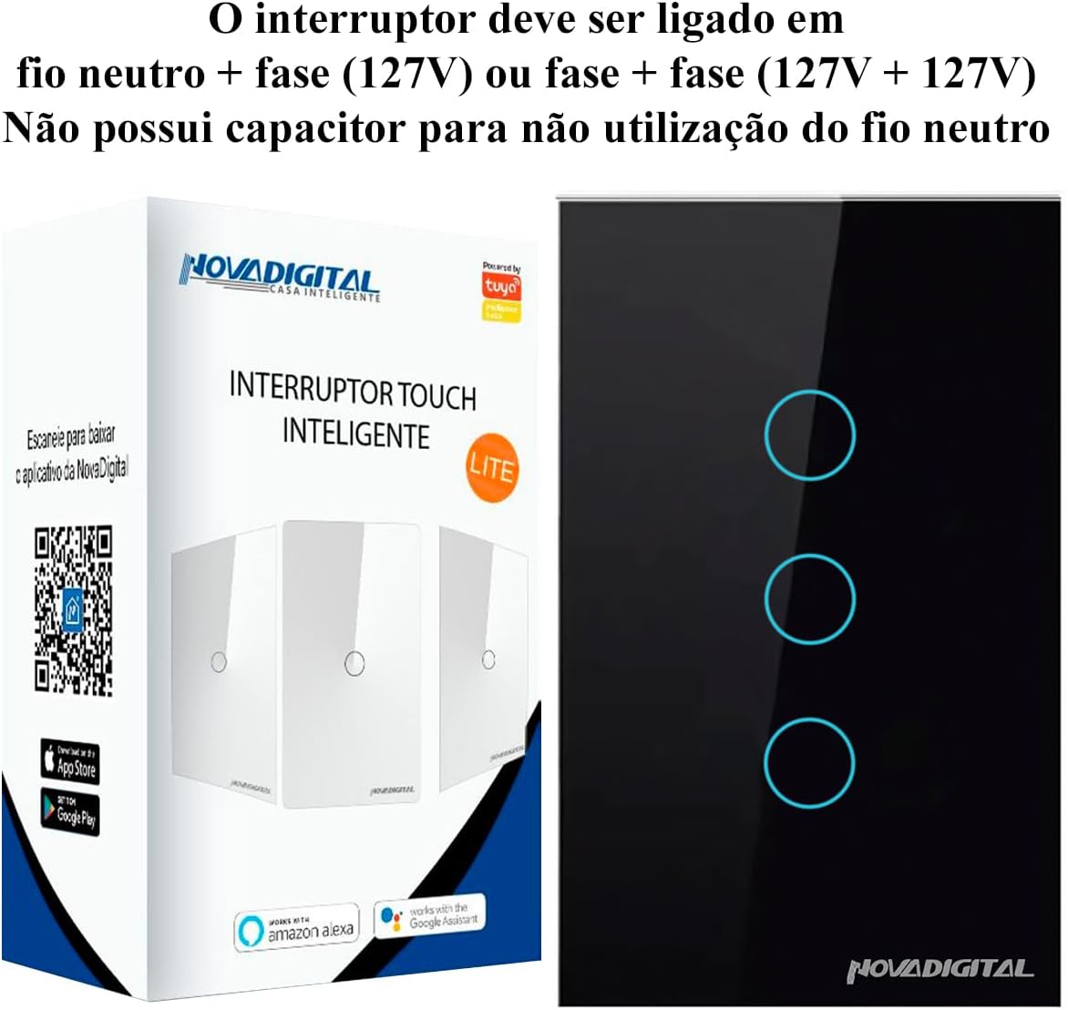 Interruptor Smart Wifi Inteligente Touch Nova Digital 3 botões Lite BR 4x2 Preto