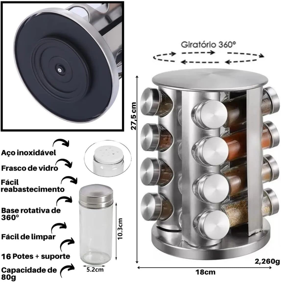 Porta Tempero Condimento Inox Vidro Giratorio Cozinha 16 Pts