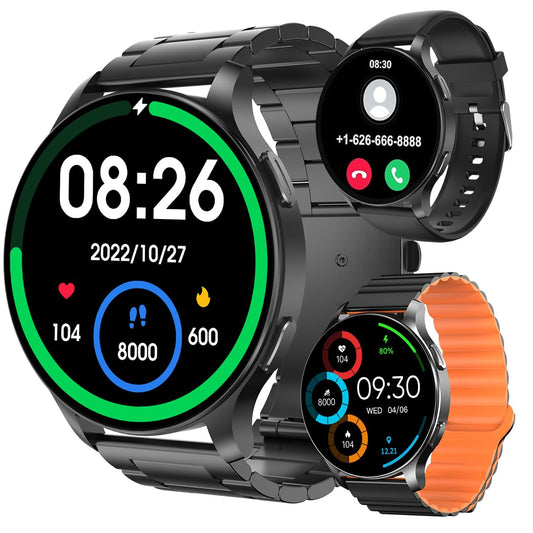 Smartwatch com Tela Full Touch 1.45", IP68, Compatível com iOS e Android, 120+ Modos Esportivos e Recebimento de Notificações, Faz e Recebe Ligações, Assistente de Voz, Unissex, 3 Pulseiras (Preto)