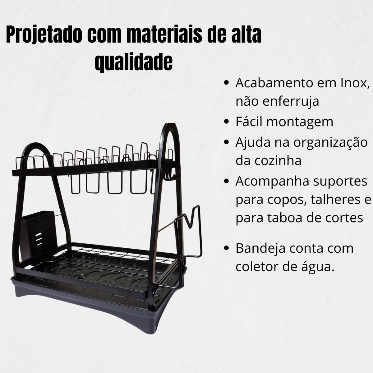 Escorredor de Louça Cozinha Dois Andares Bandeja Removível Escorredor de Louça Inox com Porta Pratos Talheres Copos Premium (Preto)