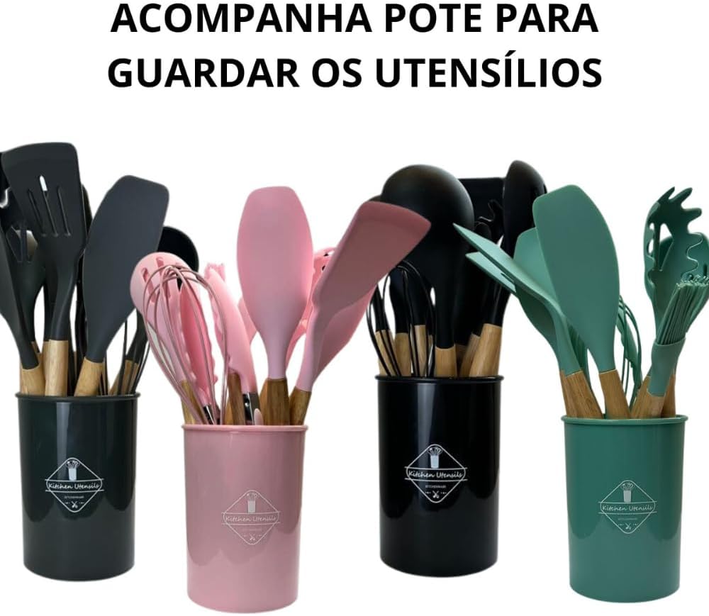 Kit 12 Utensílios De Cozinha Em Silicone E Cabo De Madeira Jogo De Utensílios Resistente ao Calor Antiaderente Premium GAXMARK (Preto)