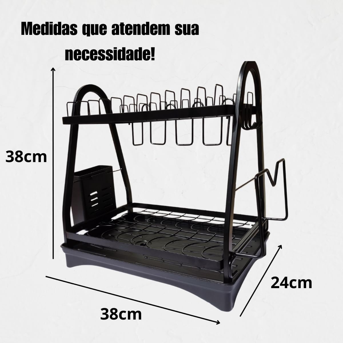 Escorredor de Louça Cozinha Dois Andares Bandeja Removível Escorredor de Louça Inox com Porta Pratos Talheres Copos Premium (Preto)