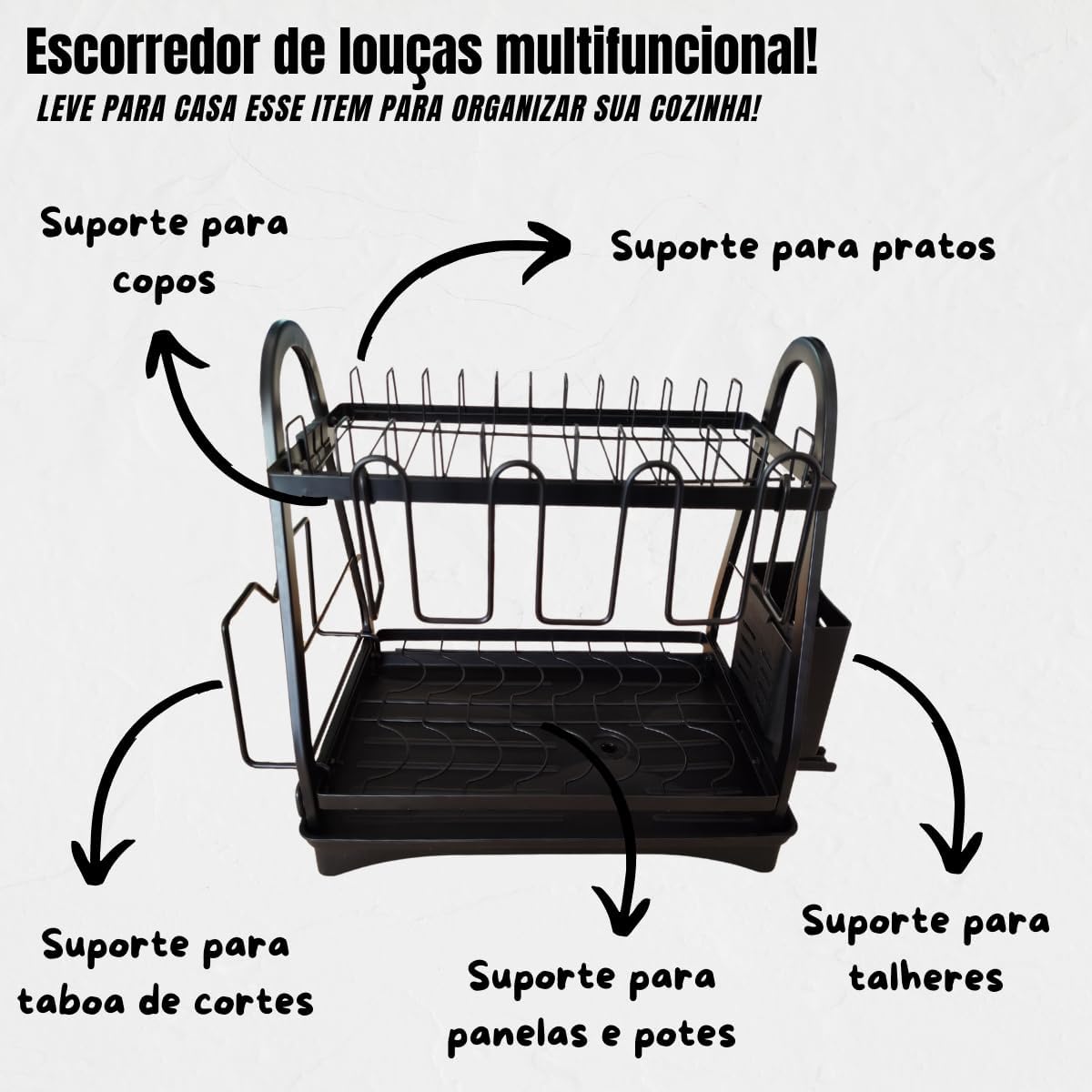 Escorredor de Louça Cozinha Dois Andares Bandeja Removível Escorredor de Louça Inox com Porta Pratos Talheres Copos Premium (Preto)