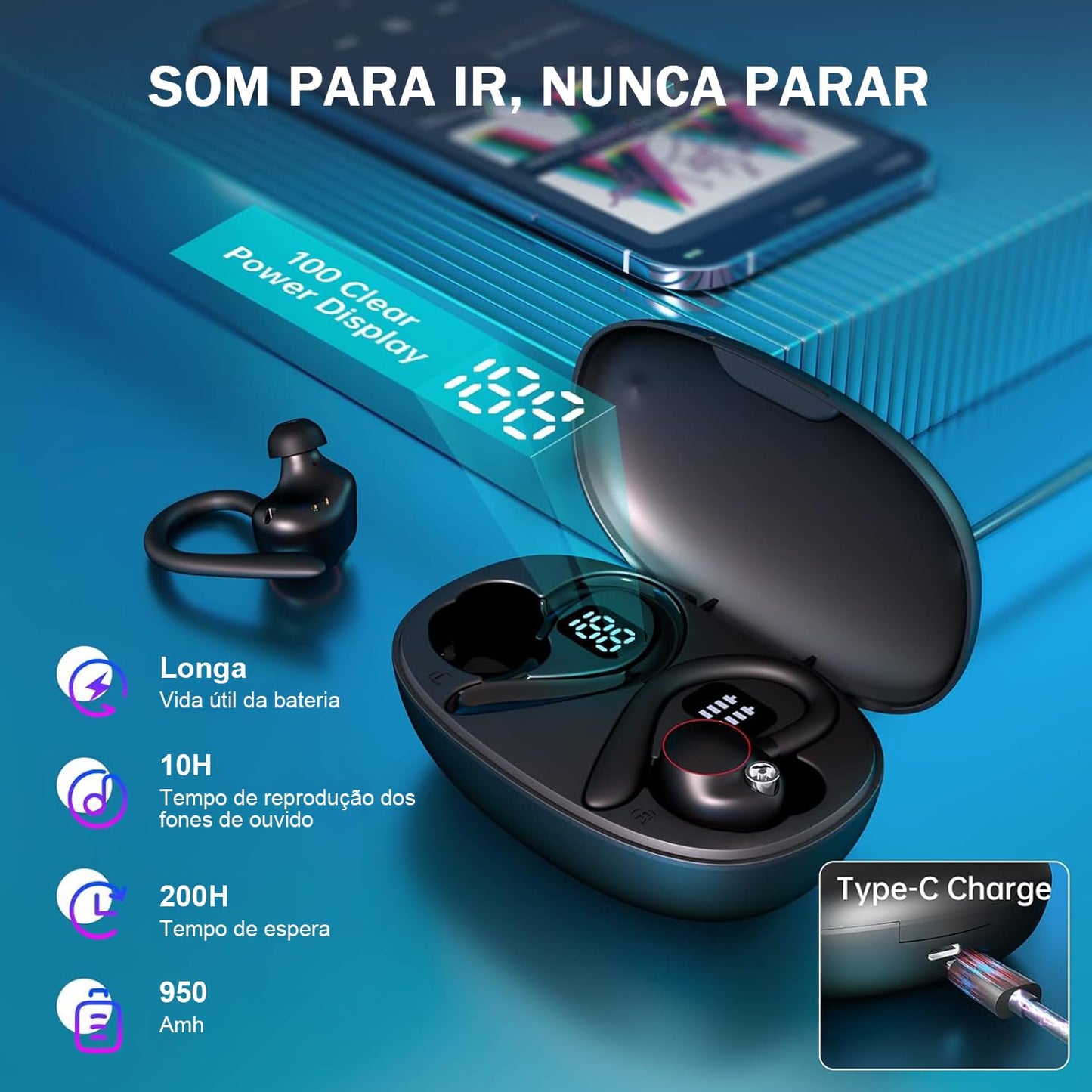 Fones de ouvido sem fio, Bluetooth 5.3, fone de ouvido estéreo Hi-Fi, tela de LED, chamadas claras com microfone, cancelamento de ruído, controle de toque, IP7 à prova d'água, esporte, esporte