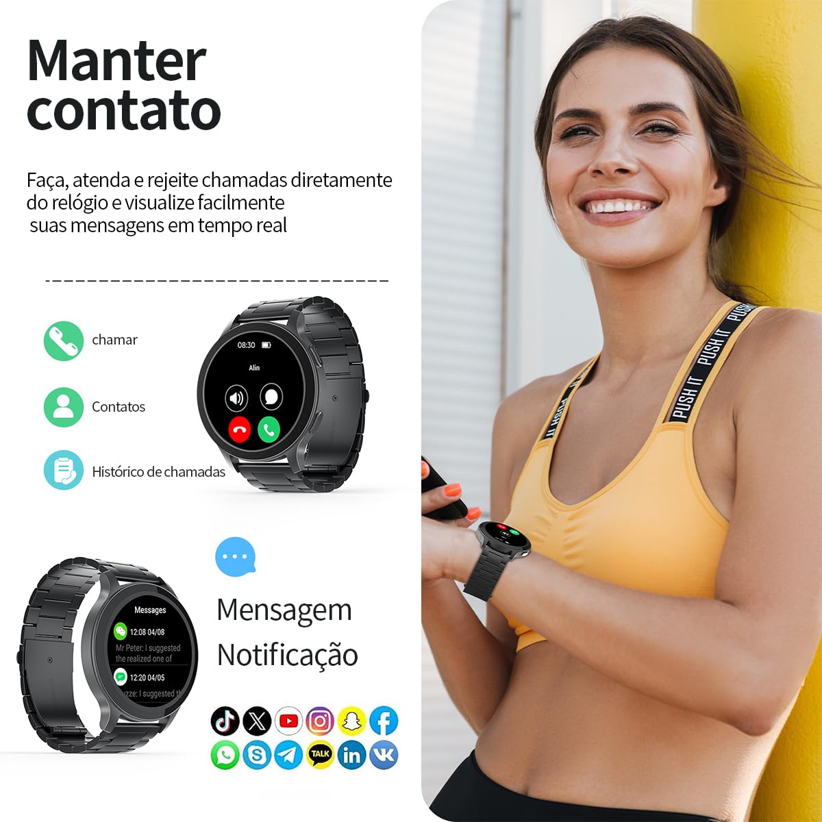 Smartwatch com Tela Full Touch 1.45", IP68, Compatível com iOS e Android, 120+ Modos Esportivos e Recebimento de Notificações, Faz e Recebe Ligações, Assistente de Voz, Unissex, 3 Pulseiras (Preto)