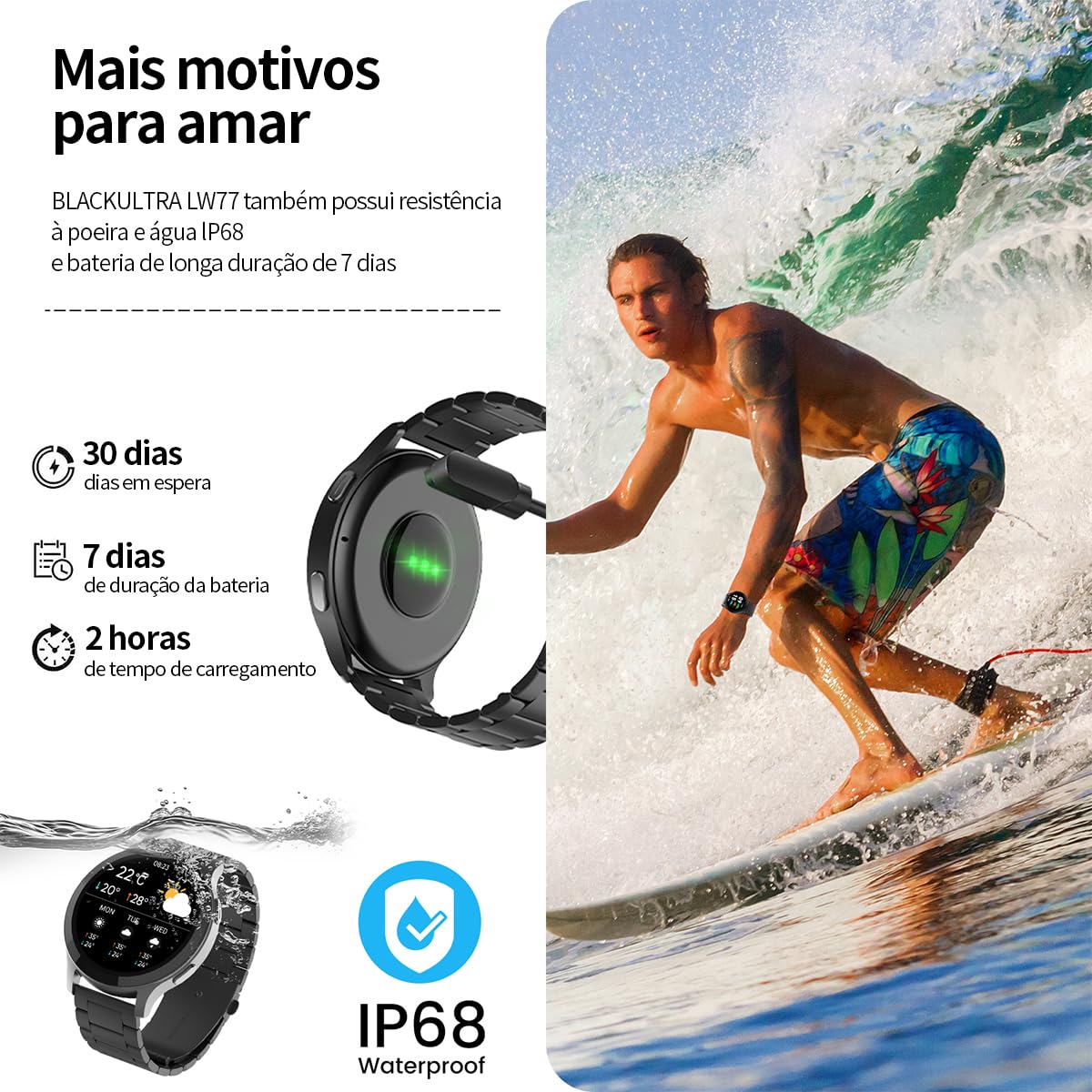 Smartwatch com Tela Full Touch 1.45", IP68, Compatível com iOS e Android, 120+ Modos Esportivos e Recebimento de Notificações, Faz e Recebe Ligações, Assistente de Voz, Unissex, 3 Pulseiras (Preto)