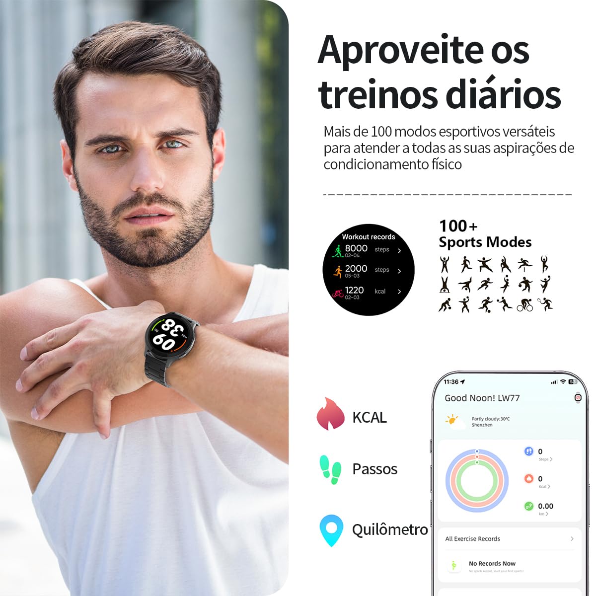 Smartwatch com Tela Full Touch 1.45", IP68, Compatível com iOS e Android, 120+ Modos Esportivos e Recebimento de Notificações, Faz e Recebe Ligações, Assistente de Voz, Unissex, 3 Pulseiras (Preto)