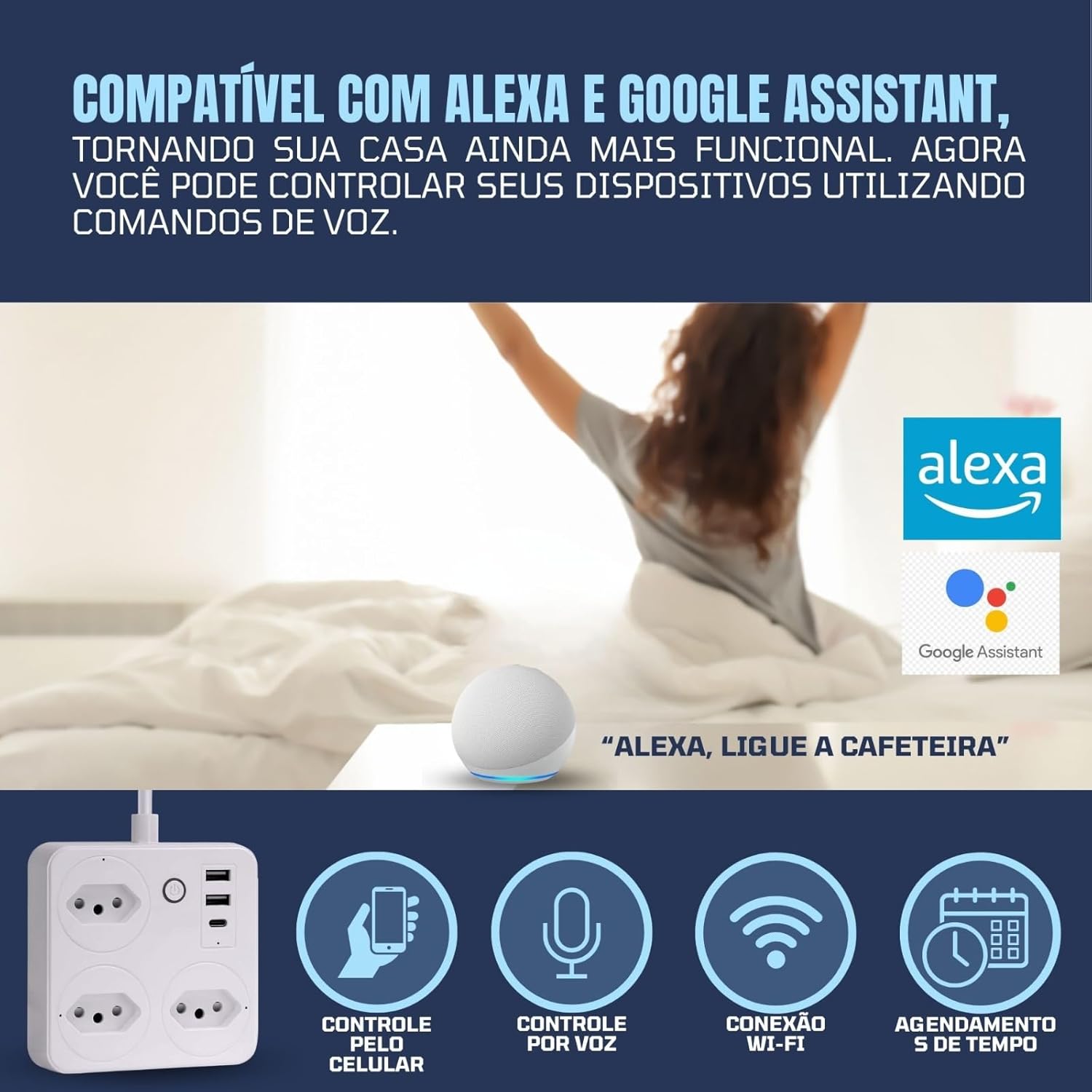 Filtro de Linha Branco Tomada Inteligente Tomada Wifi Tomada Inteligente Wifi Extensão Inteligente Wifi Extensão Tomada Régua Tomada Régua de Energia 3 Tomadas 2 Usb 1 Usb-C Controle pelo Celular